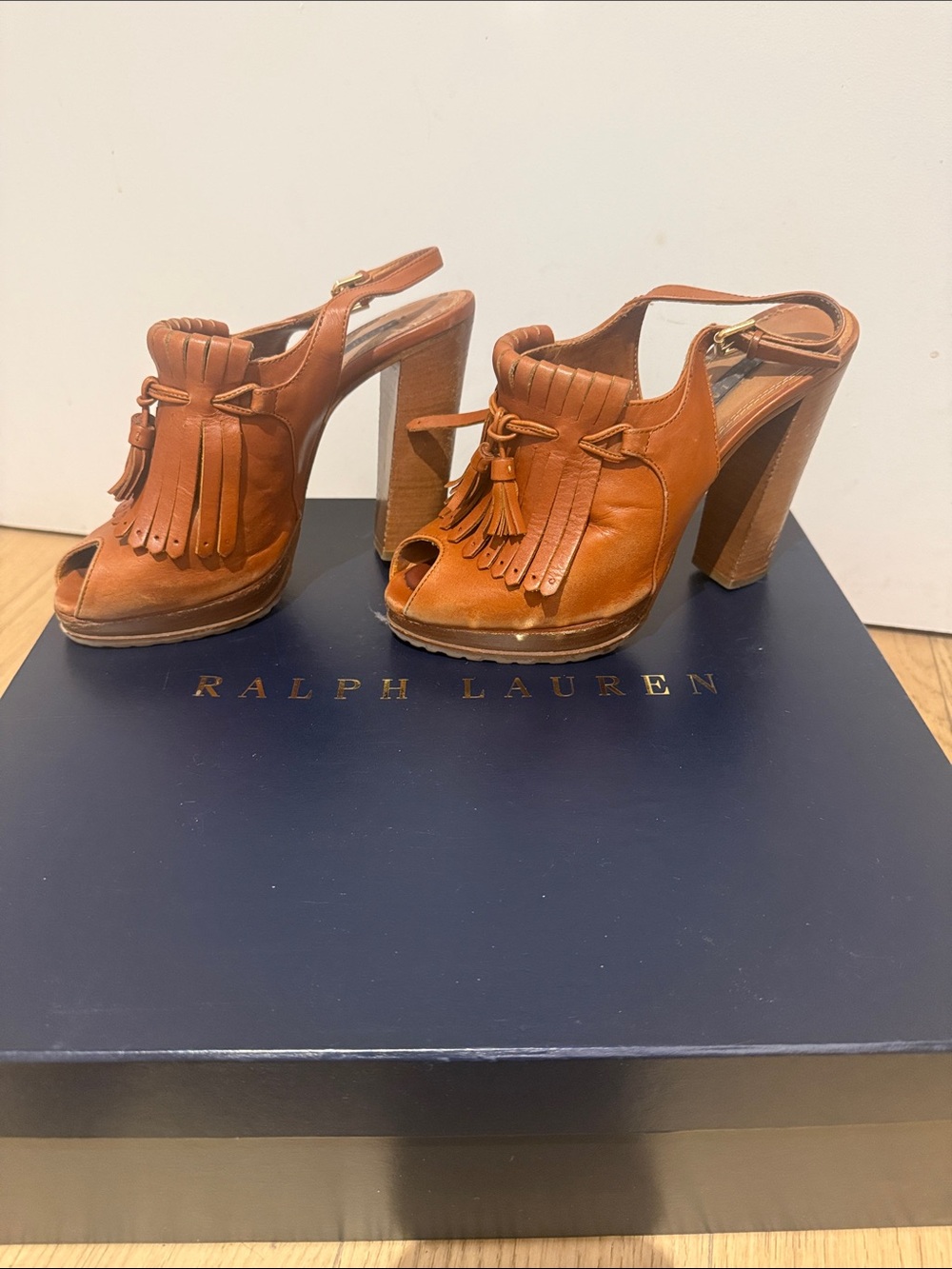 Ralph Lauren Collection Women's Brown Leather Fringe Peep-Toe Heels